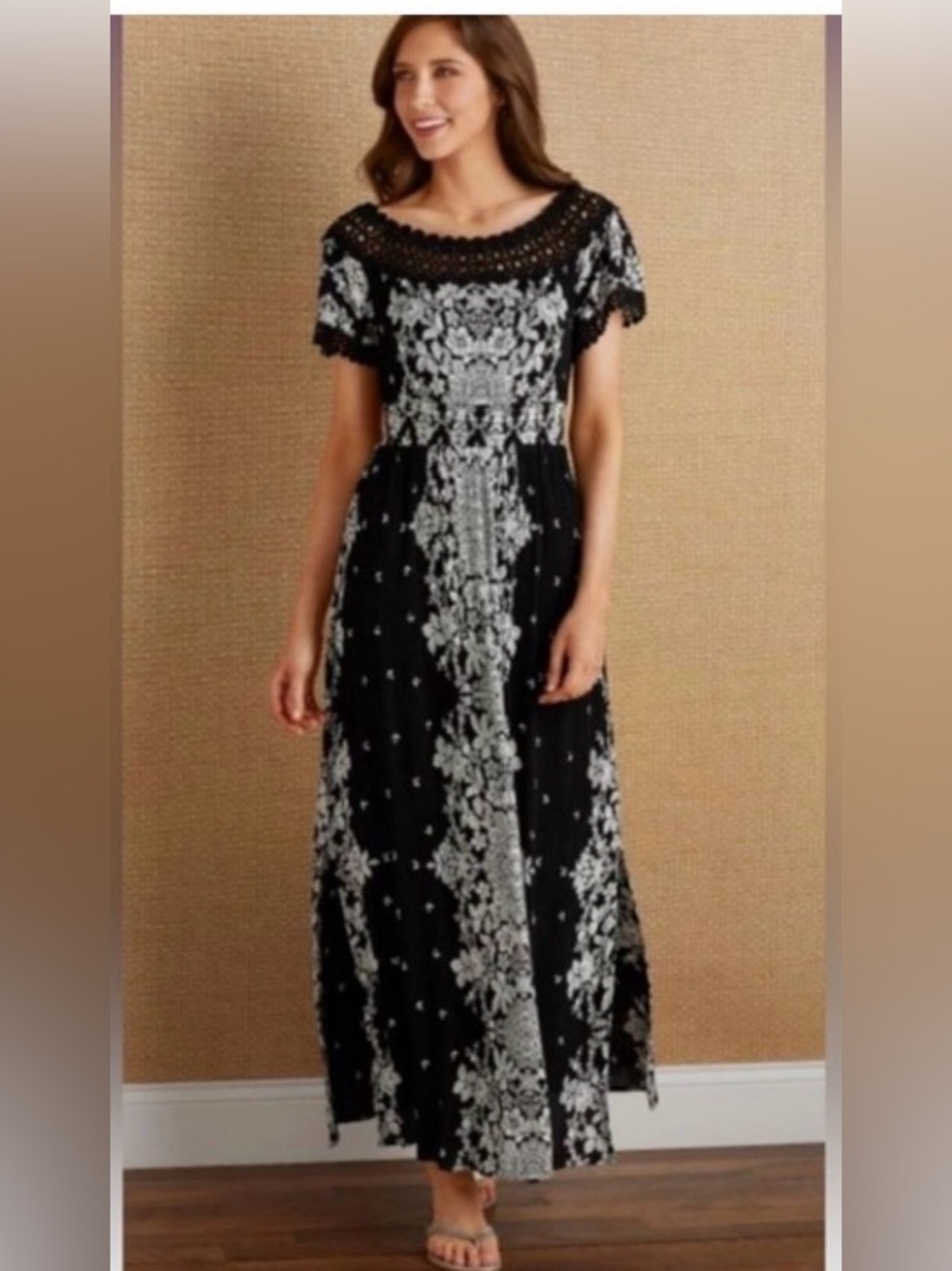 Soft Surroundings Black White Maxi Dress Floral Embroidery Crochet Neck Boho S
